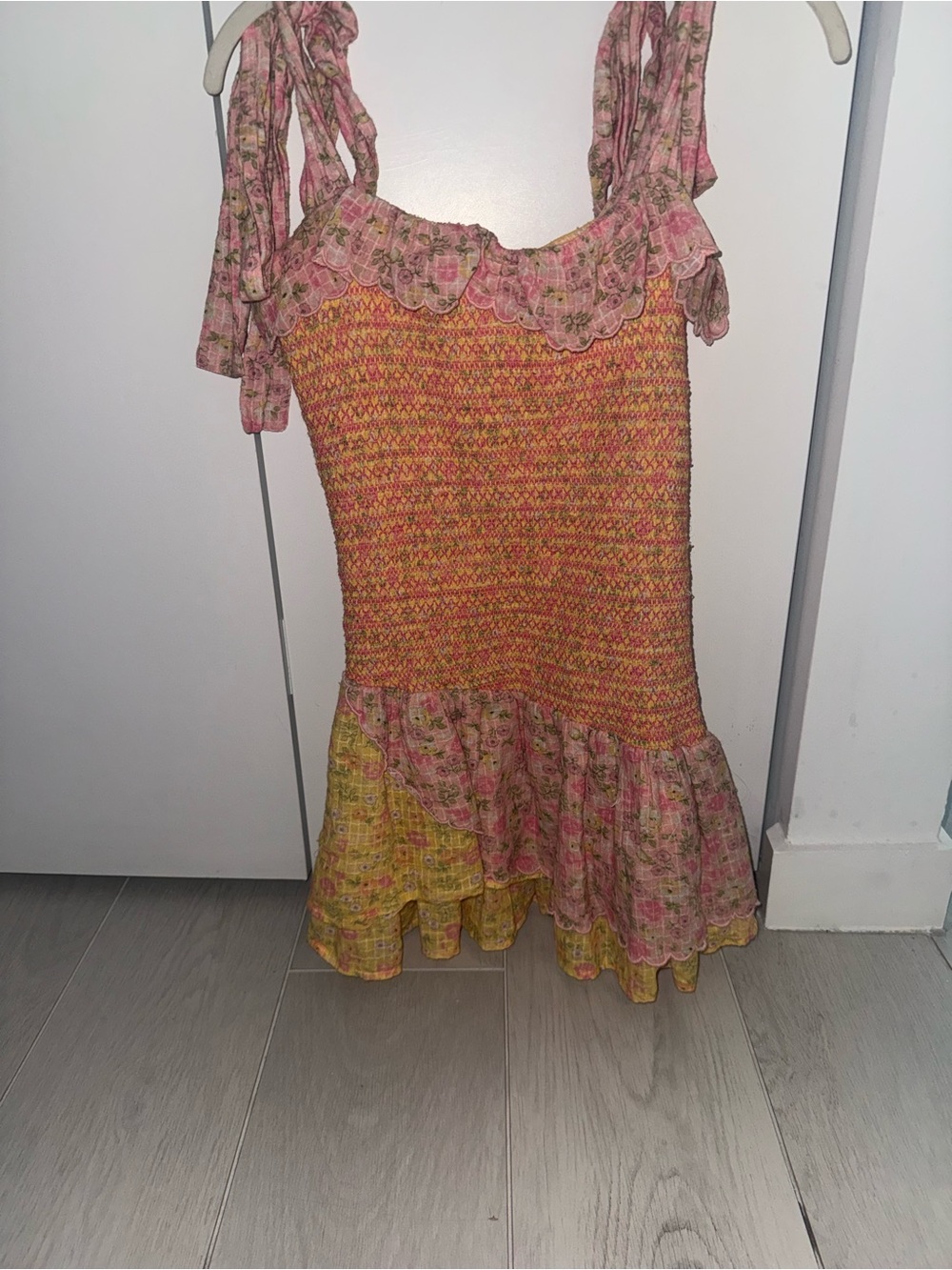 LoveShackFancy Pink and Yellow Floral Mini Dress